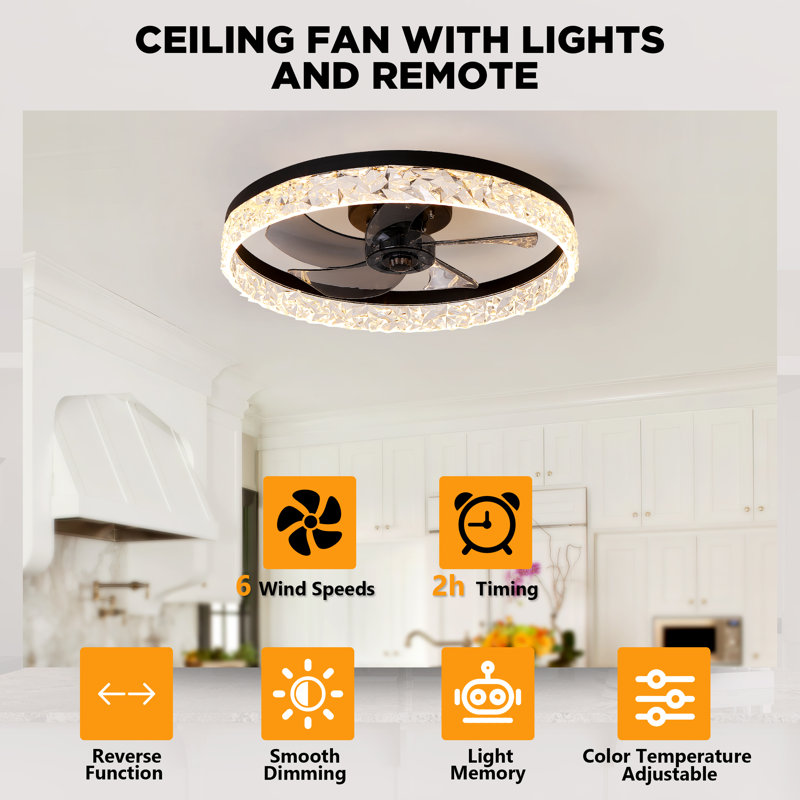 Indoor Flush Mount Ceiling Fan With LED Light And Remote Control, Matte Black
