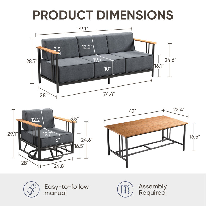Coan 7 Person Outdoor Patio Modern Metal Sofa Conversation Set With 4 Swivel Chairs, Black Cushion/Black Frame
