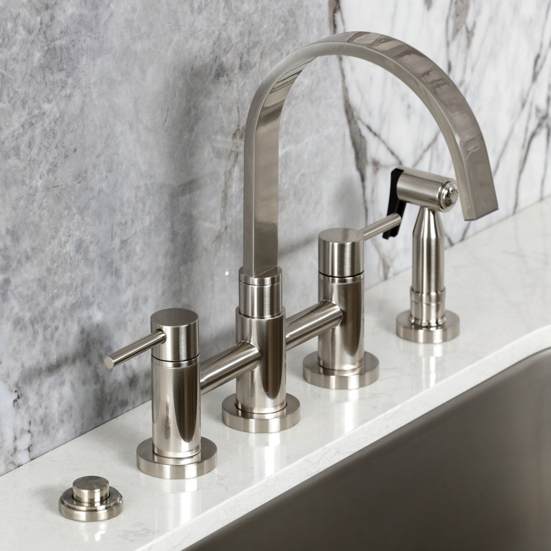 Kingston Brass Concord Two-Handle 4-Hole Deck Mount Bridge Kitchen Faucet with Brass Side Sprayer, Brushed Nickel