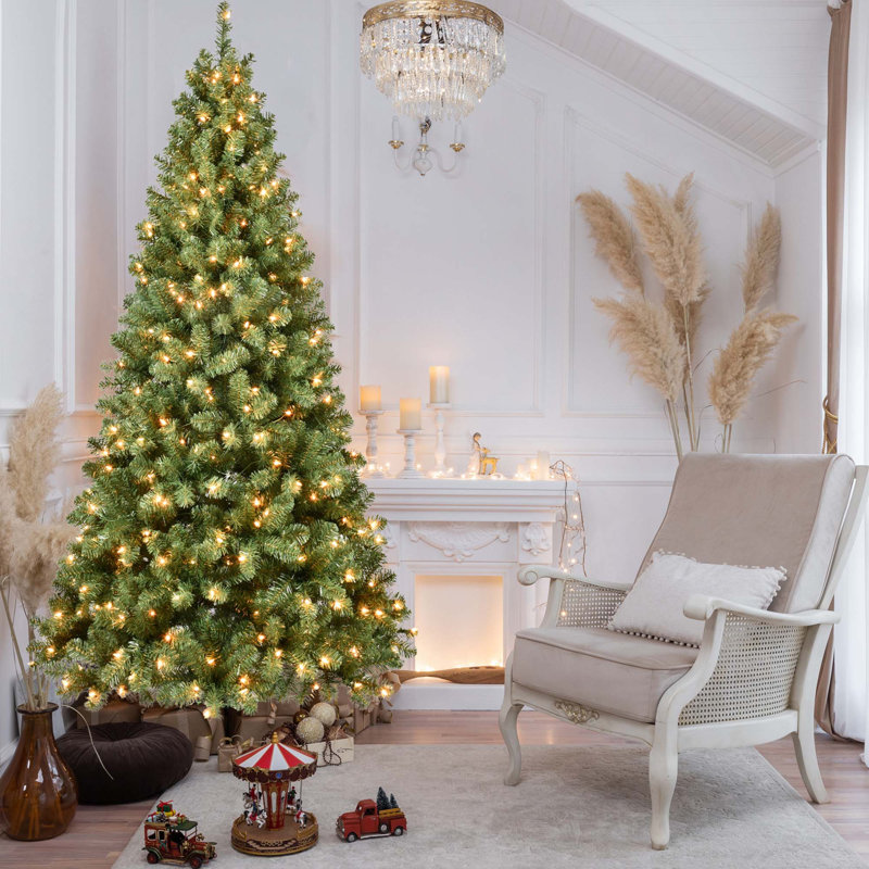 Arbre de Noël artificiel en PVC pré-éclairé avec lumières UL, fil mémoire dépliable et support en métal stable, 7'