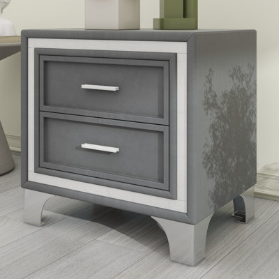 2-Drawer Velvet Nightstand, Vintage Side Table with Metal Legs