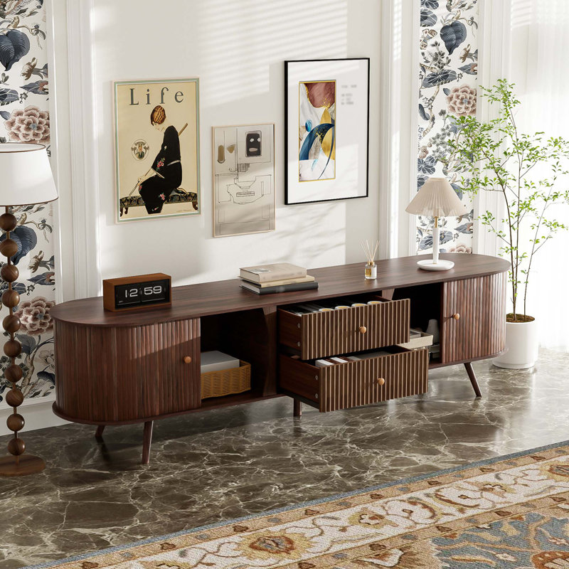Console de télévision Mid-Century moderne avec portes tambour et rangement cannelé