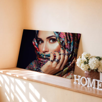 Beautiful Woman With Intense Eyes Floral Scarf And Silver Rings Canvas Wall Art Print For Living Room, Bedroom, Office, Hallway, Entryway, Gallery Wall And Modern Home Decor