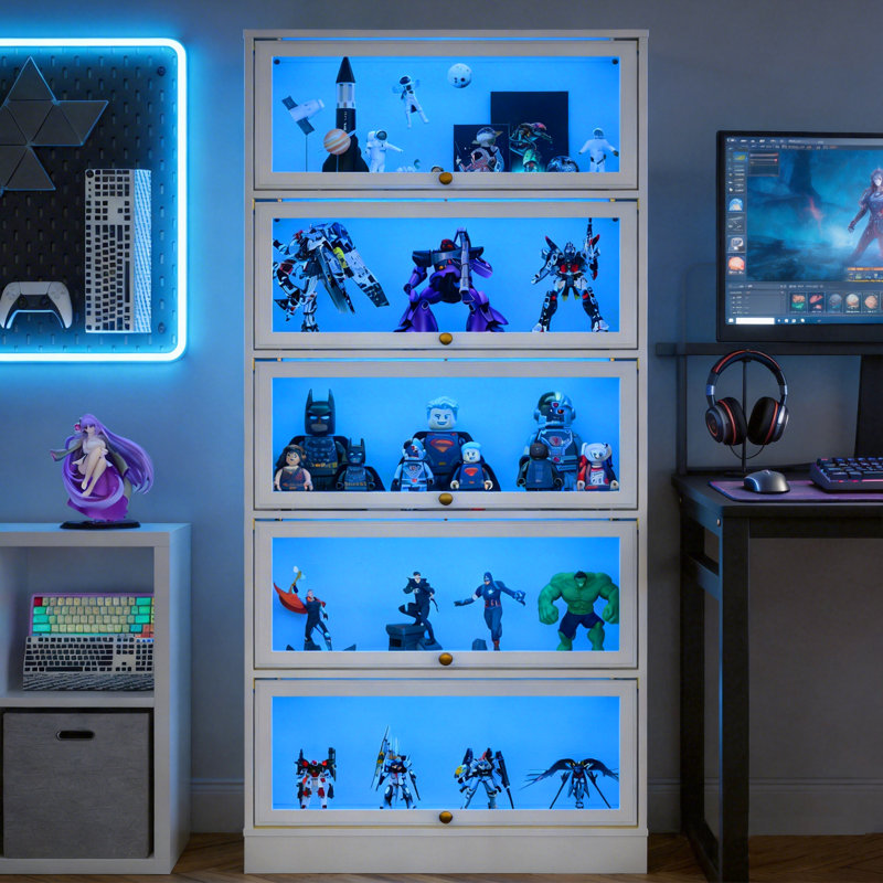 Vitrine à 5 niveaux avec éclairage DEL pour objets de collection, organisateurs de jouets, Blanc