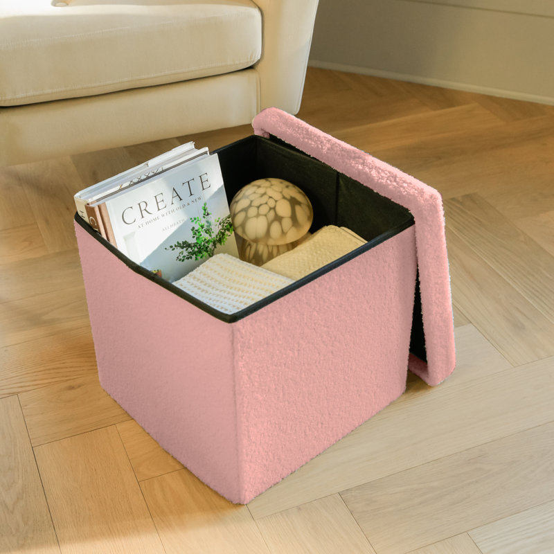 Go-Poufs Knock-Down Medium Cube Teddy Boucle Storage Ottoman | 15"x15"x15" |, Pink Cotton Blend