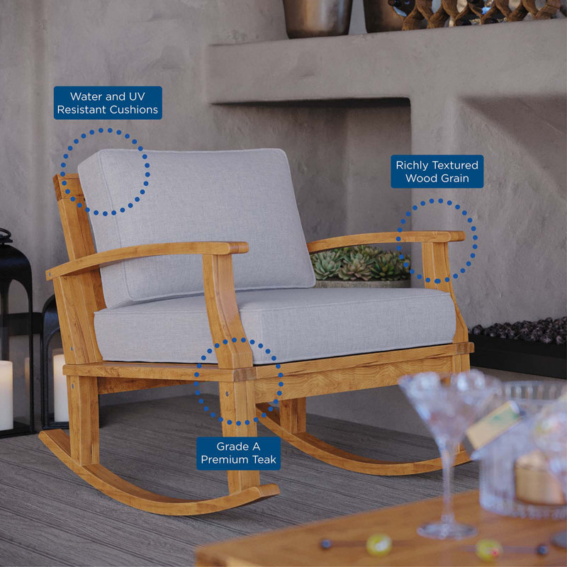 Natural Gray Teak Wood Outdoor Rocking Chair with Cushions