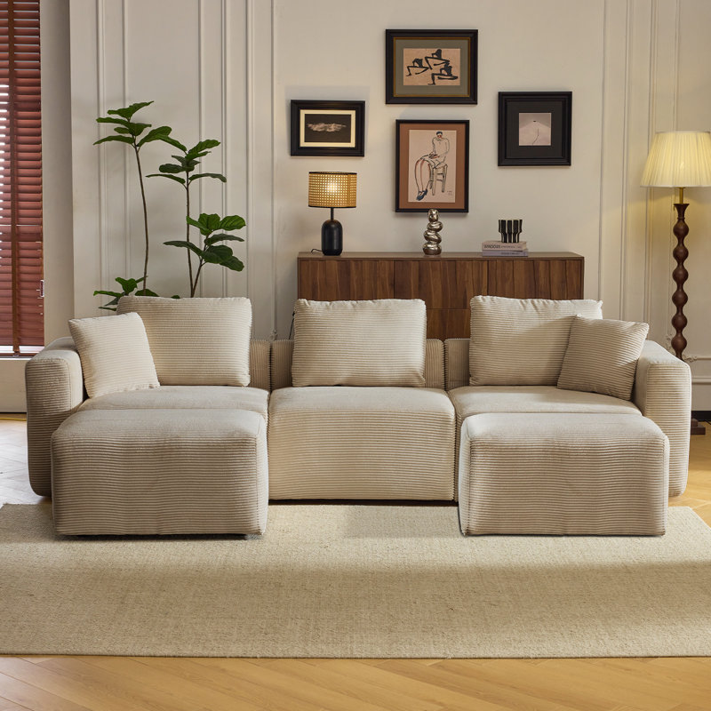 110''W Corduroy Modern  Compressed Block Sectional Couch With 2 Ottoman, Khaki Corduroy