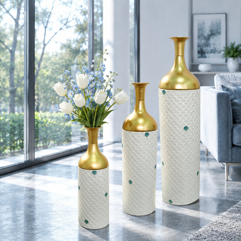 Ensemble de 3 vases de sol en métal blanc et doré, vases décoratifs gigognes hauts avec finition texturée