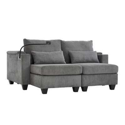Uriah Convertible Corduroy Upholstered Chaise Lounge with USB Ports, Cup Holders & Phone Holder