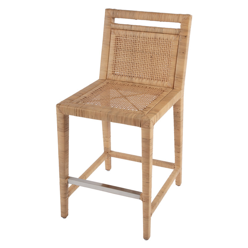 Caiman 24 in. Seat Height Rattan Woven Counter Stool with Back