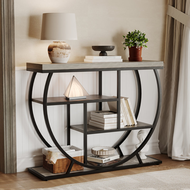 Industrial 4-Tier Console Table for Living Room – Narrow Entryway Sofa Table with Storage Shelves, Metal Geometric Frame, Rustic Wood Accent, Adjustable Feet, Versatile Furniture, Grey