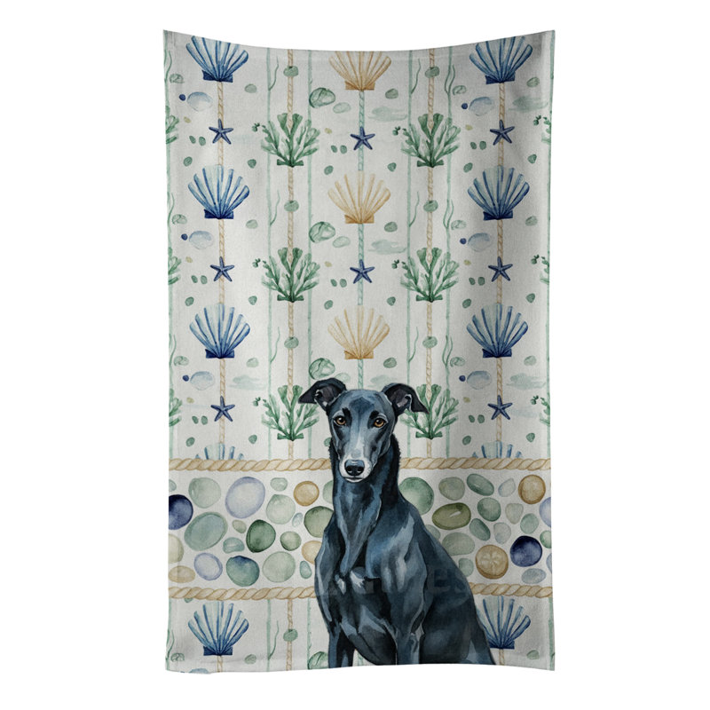 Black Greyhound Coastal Sea Glass Kitchen Towel, Black Greyhound