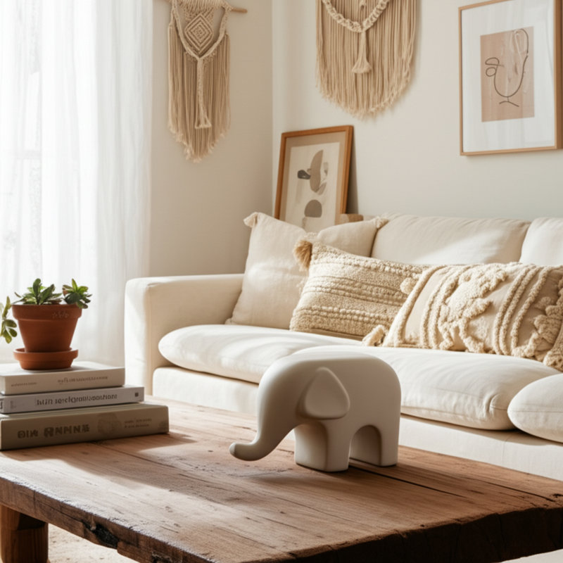 Stoneware Ceramic Elephant Figurine - Modern Minimalist Decorative Sculpture for Home and Office Decor., White