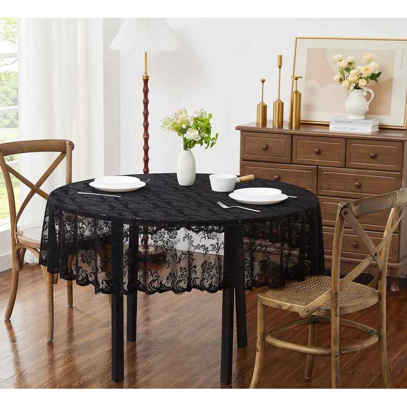 Keilly Round Floral Wedding Lace Tablecloth, Black, 36" Round