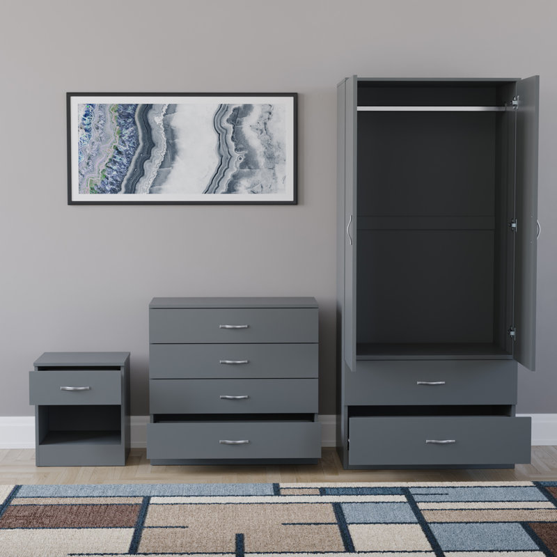Maybery 3 Piece Bedroom Set (1 Drawer Bedside Chest, 4 Drawer Chest, 2 Door 2 Drawer Wardrobe), (4), Grey