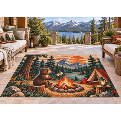 5' x 7' Outdoor Area Rug Bear Camping Campfire Mountain Heavyweight Solid Waterproof PVC Coil Loop Carpet, Heavy Duty Patio Rug, Quick Dry Indoor Outdoor Mat for Porch Deck Balcony RV Camping
