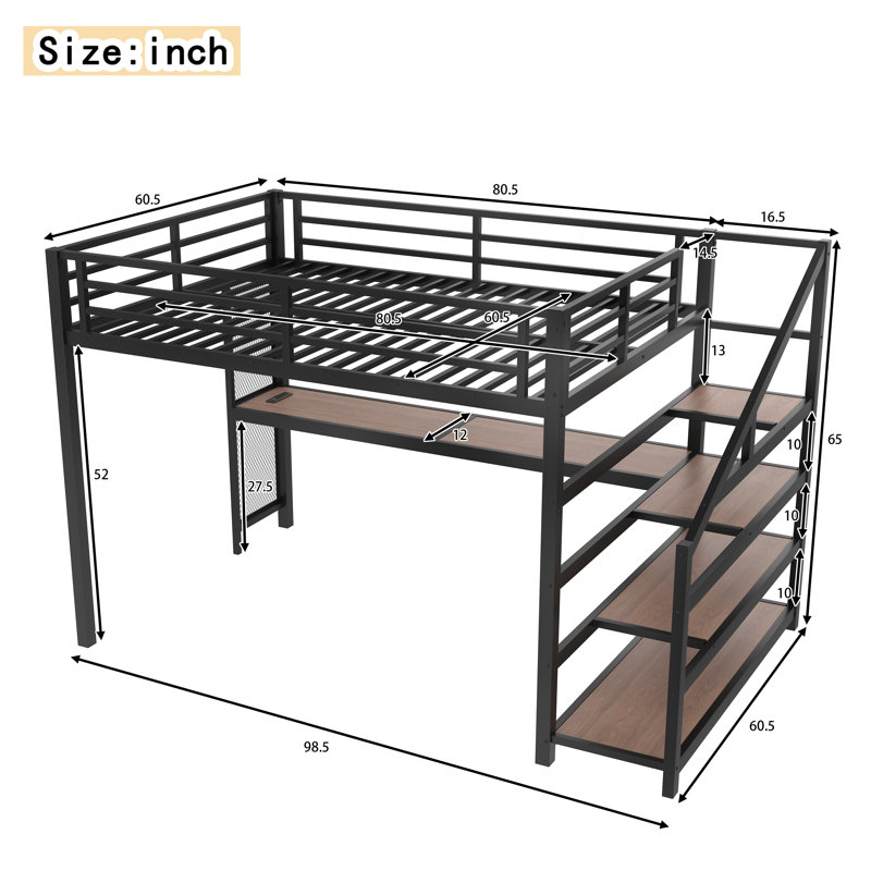 Queen Metal Loft Bed with Desk, Storage Stairs, LED Lights & USB Ports, Noise-Free, Space-Saving, Black
