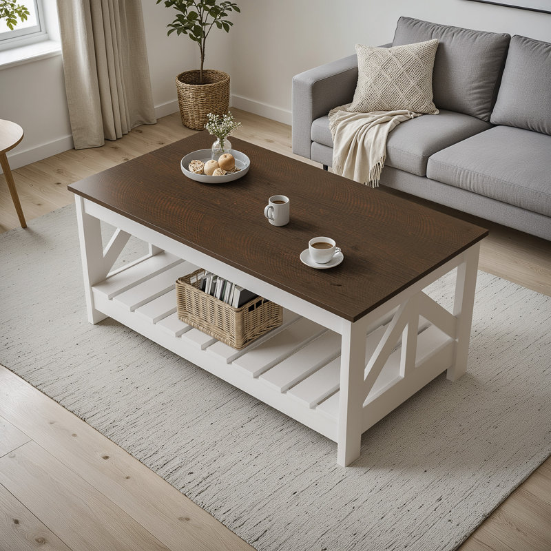 Table basse à deux niveaux avec tablette de rangement ouverte, plateau en bois brun et piètement en lin blanc, table basse suspendue pour salon