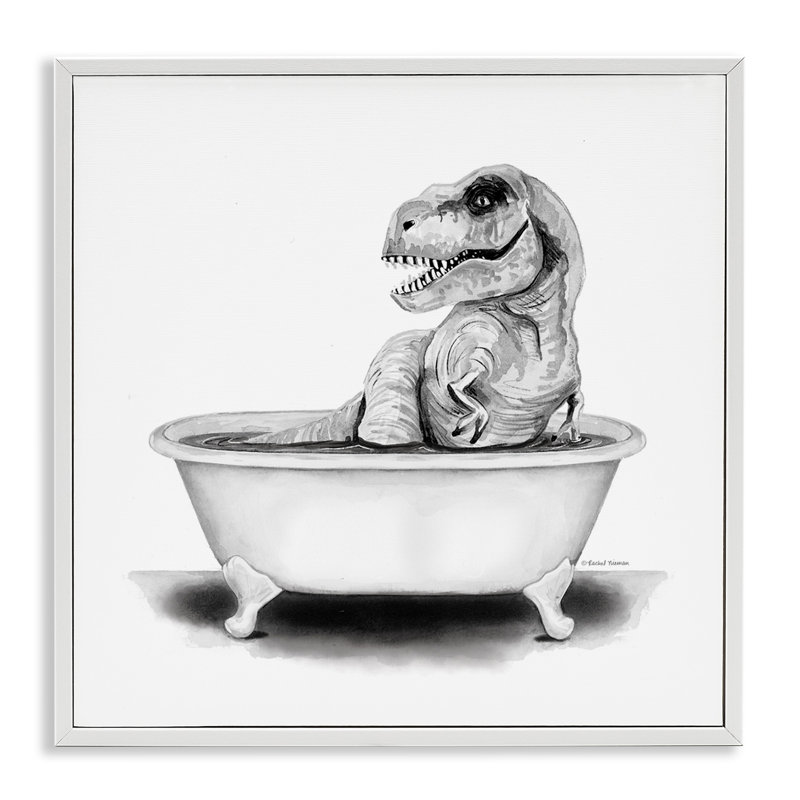 «Funny T-Rex Bathaign Washroom» par Rachel Nieman - cadre flottant, impression sur bois, H 17 po x l 17 po x P 1,5 po