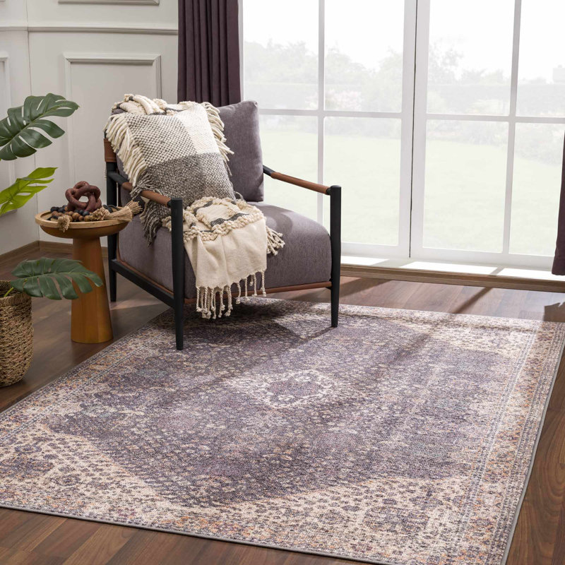 Seok Traditional Machine Washable Medium Gray/Beige/Brown Area Rug, Rectangle 6'7" x 9'