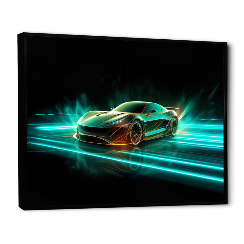 Voiture exotique bleu sarcelle néon III, Cadre flottant noir, H 16 po x l 32 po x P 1 po
