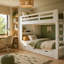Grand lit mezzanine en bois avec garde-robe et bureau, tête de lit avec rangement et port USB, blanc