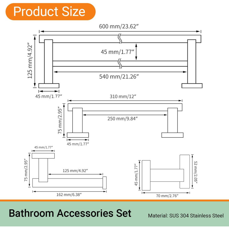 4-Piece Bathroom Accessories Set In Brushed Stainless Steel - Double Towel Bar, Hand Towel Rack, Toilet Paper Holder, Robe Hooks - Modern Wall-Mounted Design
