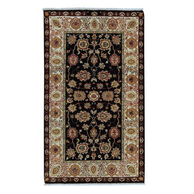 Tapis noir / crème / vert en laine noué à la main de conception unique 3 pi 2 po x 5 pi 1 po