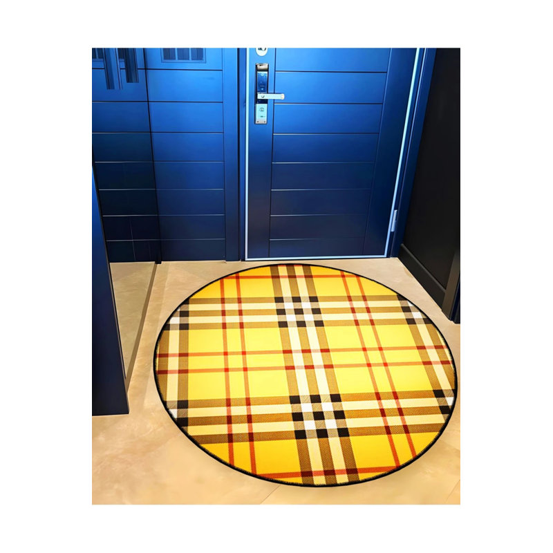 Yellow And Black Plaid Patterned Heart Detailed Woven Base Decorative Carpet, Round 2'8"