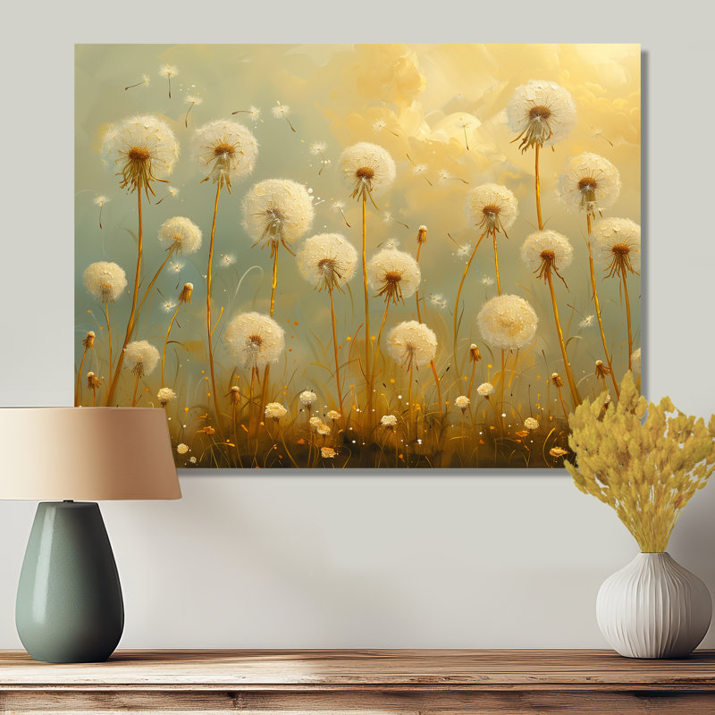 «Beige Blue Spring Dandelion Collage II», art mural pissenlit, Métal métal, H 24 po x l 32 po x P 1 po