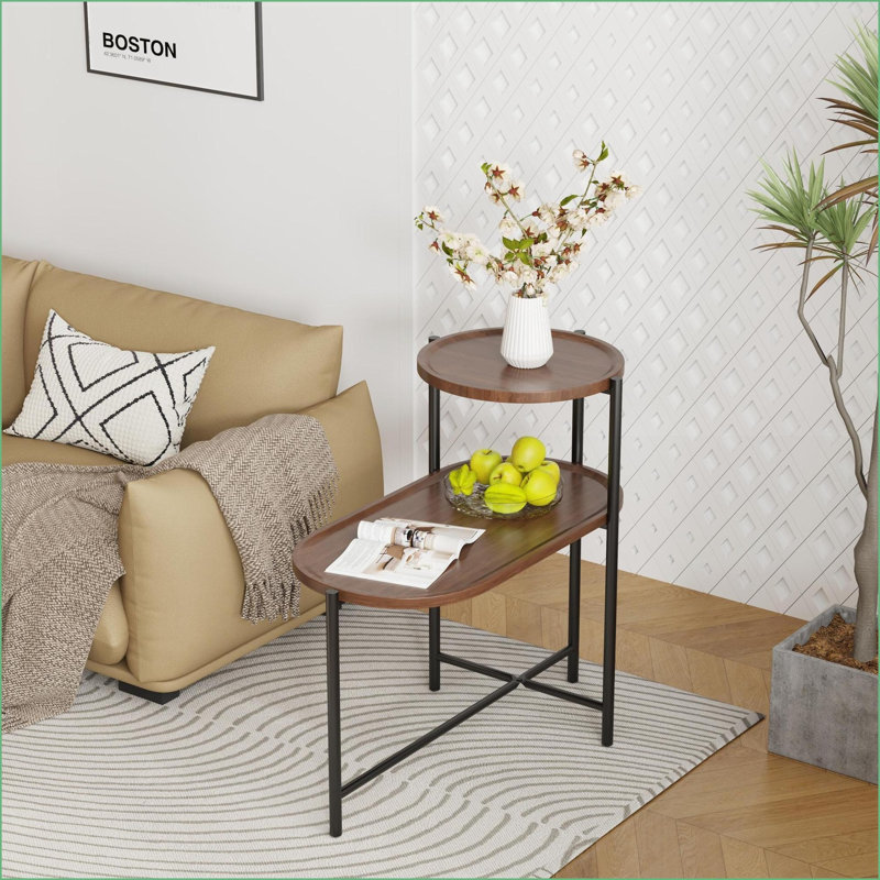Table basse moderne noyer brun à 2 niveaux pour le salon, peu encombrante avec surface imperméable facile à nettoyer