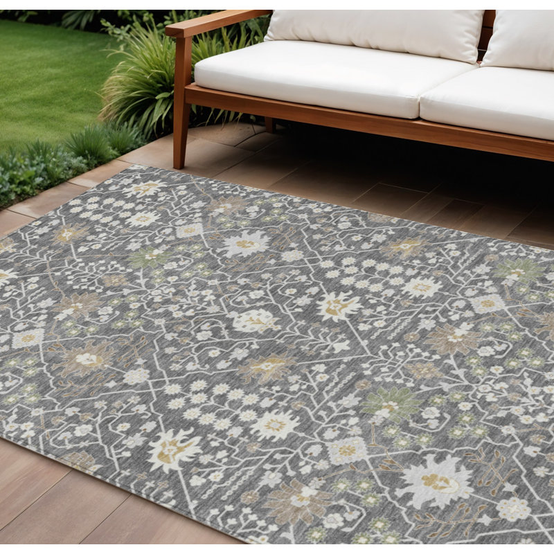 Tapis extérieur lavable d'intérieur gris anthracite ivoire et vert 8 pi x 10 pi