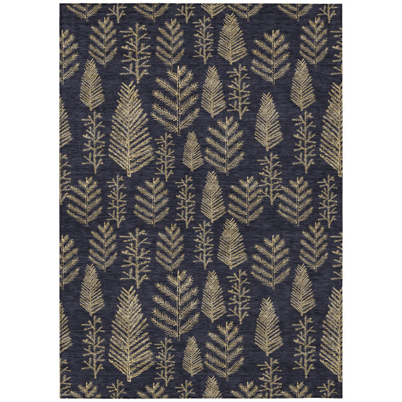 Machine Washable Indoor/Outdoor Christmas Pine Leaves Xhevrie Black Rug, Rectangle 9' x 12'