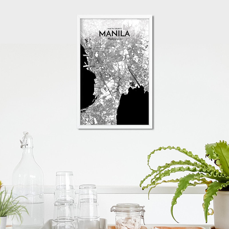 Manille, carte de la ville, impression, H 17 po x l 11 po, Noir et blanc
