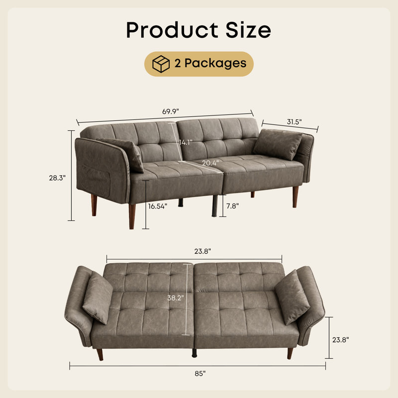 Latitude Run® Faux Leather Upholstered Futon Sofa Bed with Armrests and Backrest Adjustable, Gray