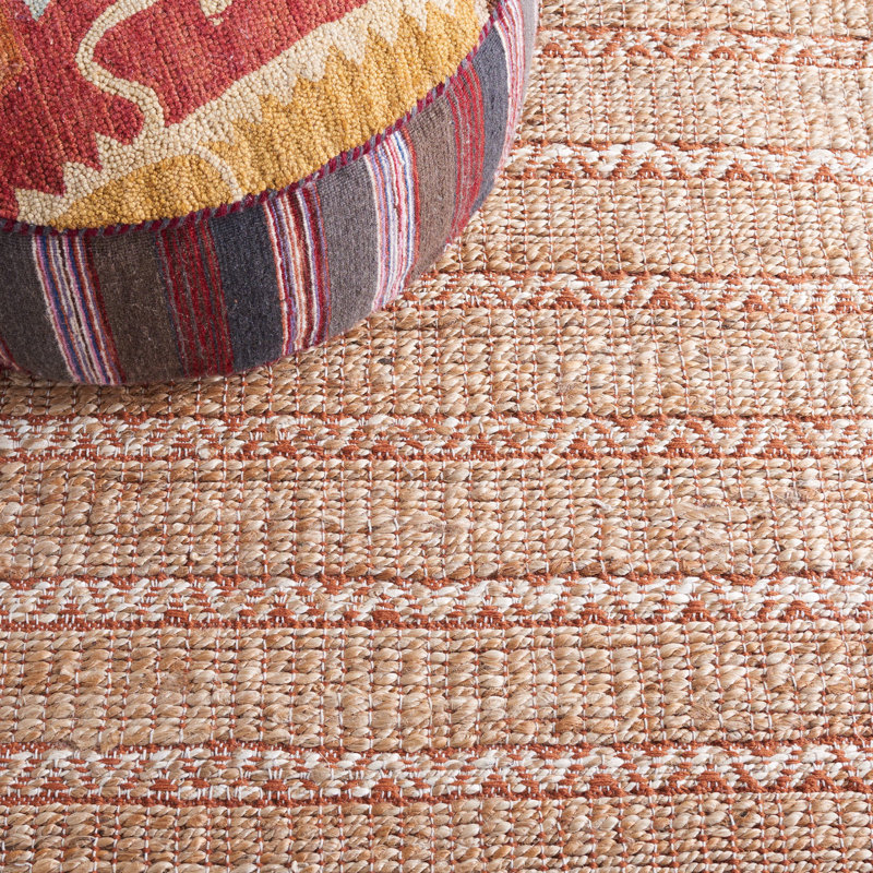 Tapis géométrique en jute et en coton tissé à plat de couleur naturelle Iffath, Carré 6 pi 6 po