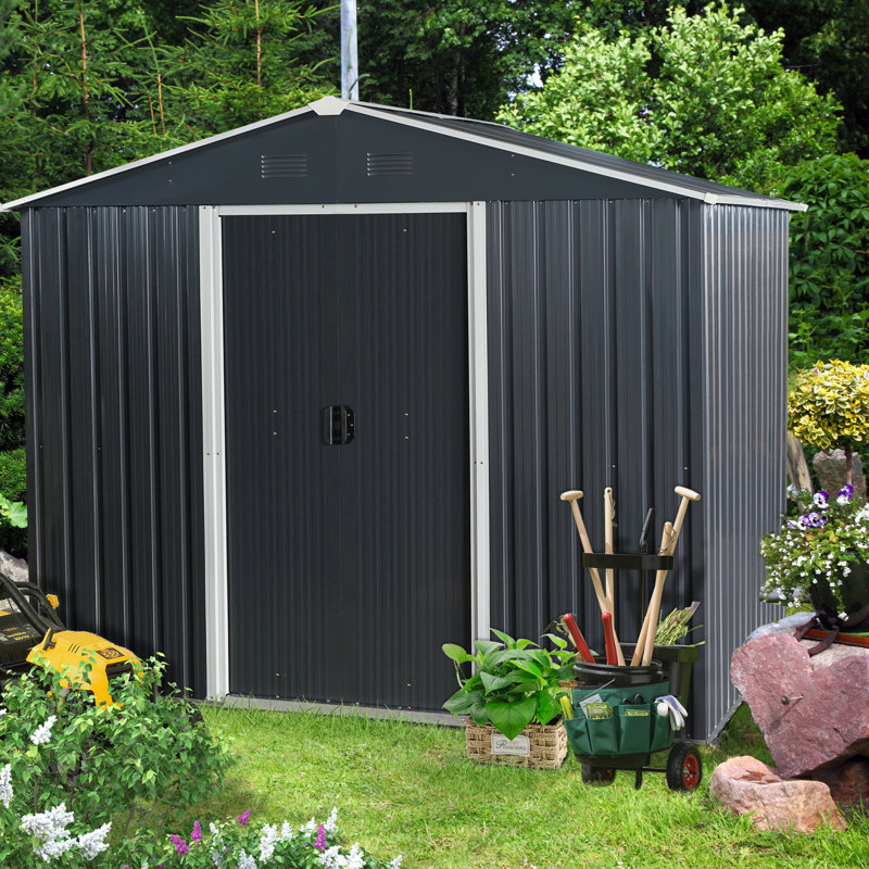 Black 8ft X 6ft Outdoor Metal Storage Shed, Galvanized Steel Build, Punched Vents, Sliding Doors With Padlock, Easy Assembly Procedure Shed Iron, Door & Feature