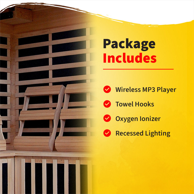 HEATWAVE Tucson 4 Person Hemlock Low EMF Infrared Wood Sauna for Home & Indoor Relaxation – With 9 Carbon Heaters, Chromotherapy Lighting, Tempered Glass Door, Built-In Stereo Sound System