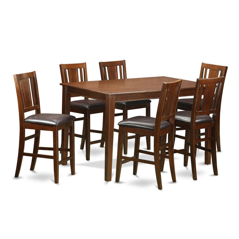 Ensemble de table de salle à manger 7 pièces à hauteur de comptoir composé d'une table rectangulaire en bois et de 6 chaises de cuisine en similicuir, acajou