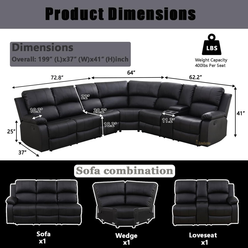 Canapé modulaire inclinable en cuir noir semi-respirant