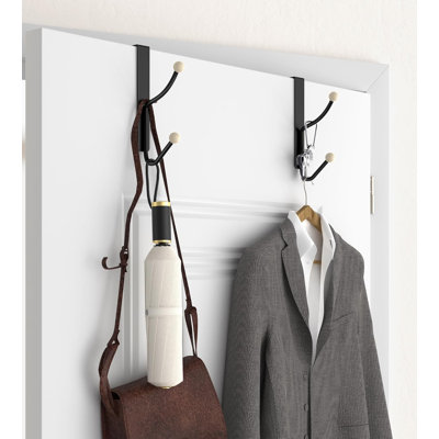 Heavy Duty Over The Door Hooks - No Drill Double Hangers For Wreath Garland, Towels, Coats & More - Sturdy Carbon Steel Construction With Wooden Bead Design - Space Saving Vertical Hook