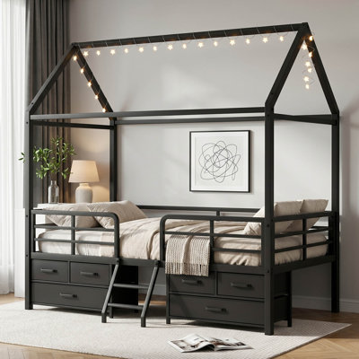 Twin Size Metal House Platform Bed with 6 Storage Drawers and Star & Moon String Lights