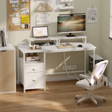  Computer Desk 47 in. with Power Outlets Gaming Desk with Drawer, 2 Monitor Stands, White/Rustic Brown