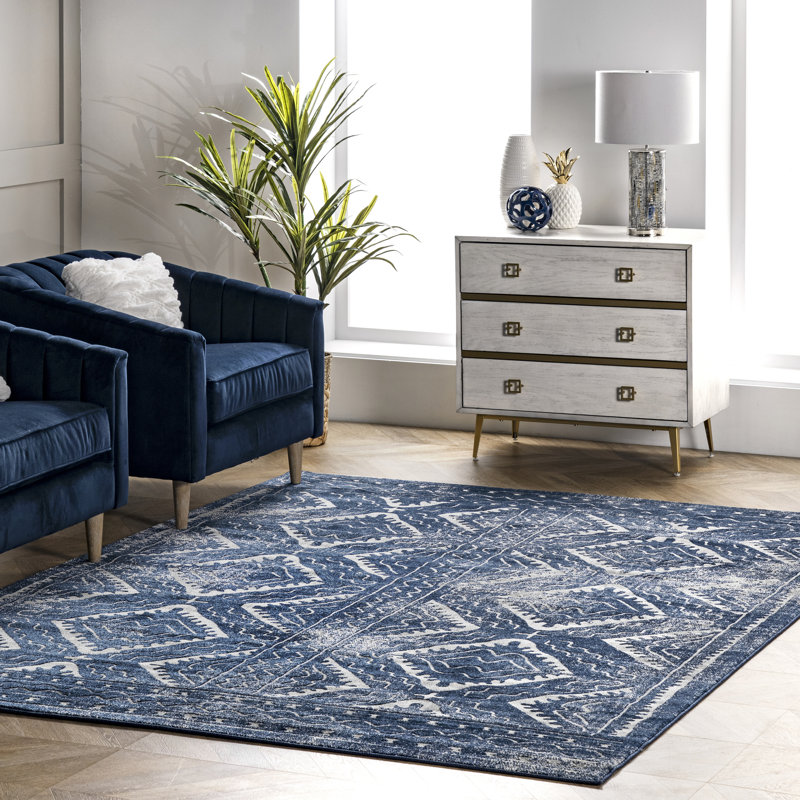 Tapis géométrique bleu / ivoire, Rectangle 9 pi x 12 pi