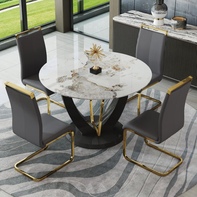 48'' Round Dining Table Set For 4, Marble Kitchen Table Chairs Set Of 4, Round Dining Table With Black MDF Leg And Gold Metal Frame, 4 Soft PU Dining Chairs With Metal Legs, For Kitchen, Dining Room.