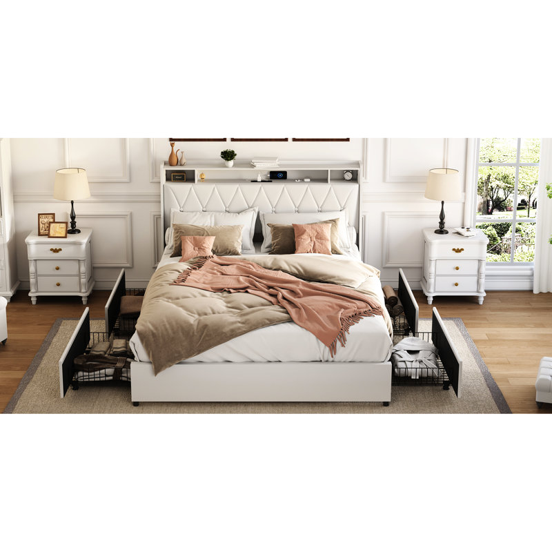 Base de lit plateforme grand avec tablette de tête de lit en métal confortable et ergonomique, Blanc