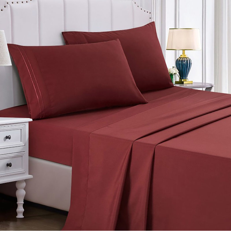 Sheet Set 2000 Embroidery Soft Cozy 14" Deep Pocket, Burgundy, Cal.King Sheet Set w. Fitted Sheet + 2 Pillowcases