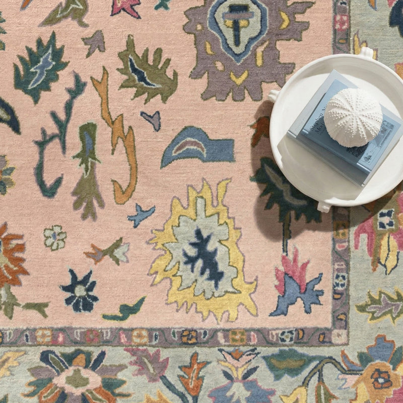 Tapis d'intérieur en mélange de laine de Nouvelle-Zélande à motif floral Aitana, Rose / Ivoire, Rectangle 9 pi x 12 pi