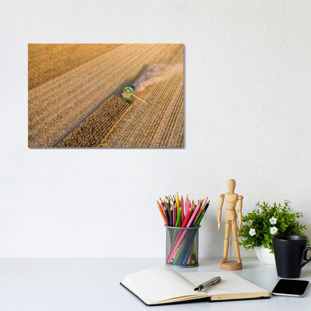 Aerial View Of Combine Harvesting Corn Crop, Marion County, Illinois, USA - Wrapped Canvas Print