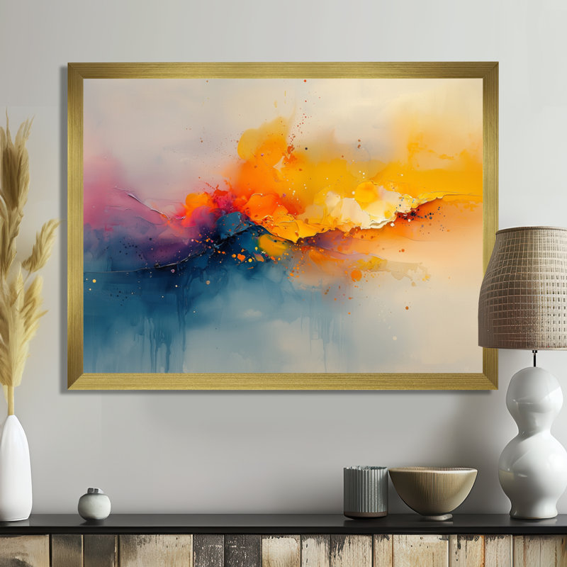 «Westfall Dream» jaune bleu côtier vagues Turbulence I, H 12 po x l 20 po, Avec cadre, Doré